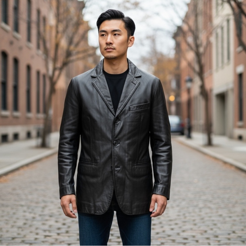 J. FERRAR Genuine Leather Blazer Jacket Black